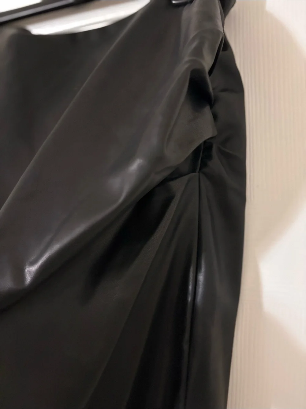 Commense Black Faux Leather Midi Skirt with Side Draping